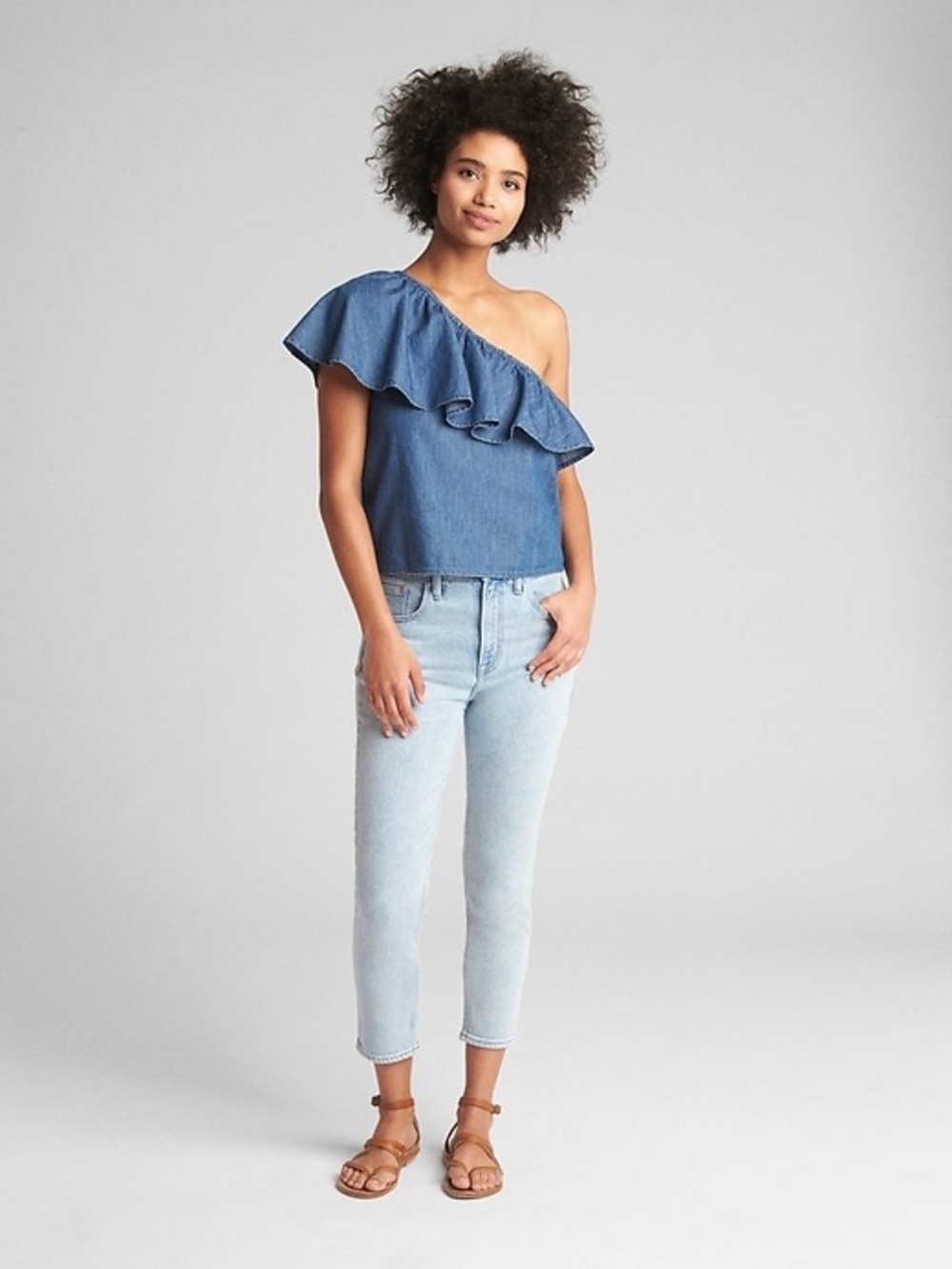 Gap One-Shoulder Ruffle 100% Cotton Denim Top - Indigo Wash - US Extra Small
